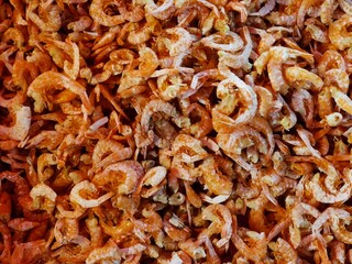 Dried pink prawns or shrimps displayed for sale in South Korean market