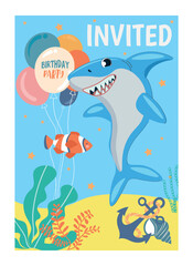 Shark invitations postcard. Marine life, big fish with fin and balloons. Holiday and festival, entertainment. Gift, present and surprise. Graphic element for website. Cartoon flat vector illustration