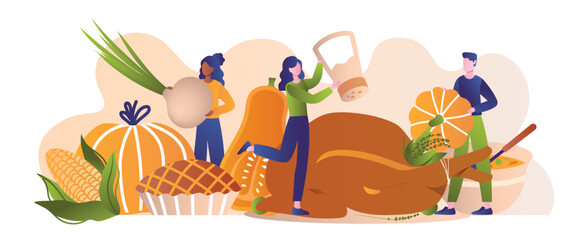Thanksgiving food concept. Man and woman with vegetables and fruits. Farming and agriculture, health care, natural and organic food. Poster or banner for website. Cartoon flat vector illustration