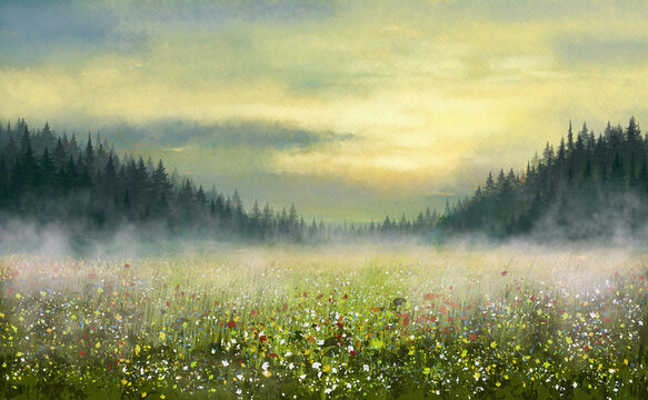 Meadow with fog, morning in the meadow. Watercolor paintings landscape, fine art