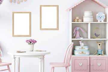 Boho baby room mockup frame, 3D render	
