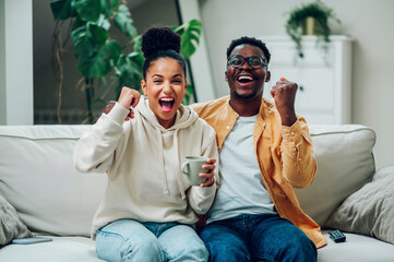 Multiracial couple watching television together at home on the couch