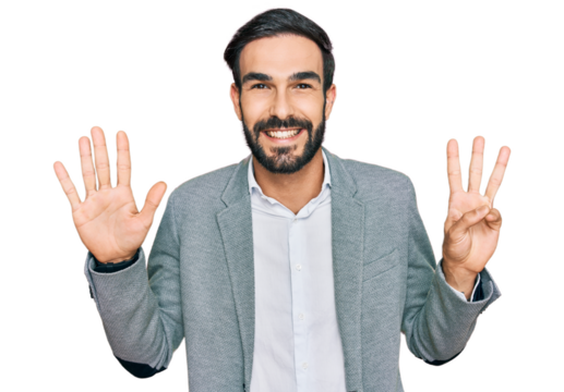Young hispanic man wearing business clothes showing and pointing up with fingers number eight while smiling confident and happy.