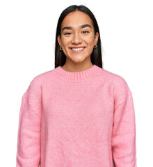 Young asian woman wearing casual winter sweater with a happy and cool smile on face. lucky person.