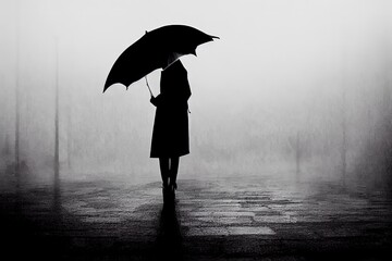 lonely woman dressed in black under umbrella, misty foggy weather