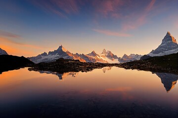 Fototapeta na wymiar morning view of Swiss Alps,beautiful calm lake with mirror refle