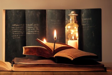 a burning match in a book with magic spells od books background