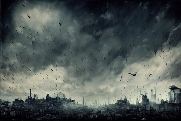bird's eye view, post apocaliptyc city, dark sky with spooky birds, lost streets, lost buildings - obrazy, fototapety, plakaty