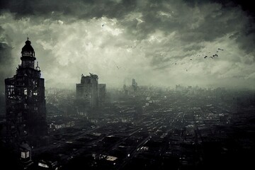 Naklejka premium bird's eye view, post apocaliptyc city, dark sky, lost streets, lost buildings, broken lantern