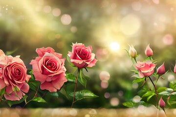 Blooming pink roses in fabulous garden, beams and rays and spotlights, nature dreamy landscape