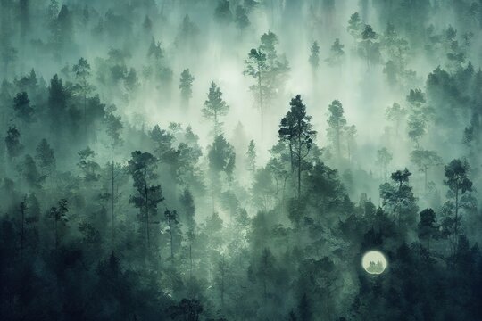 bird's eye view, forest in fogg, crystal ball moon in forest