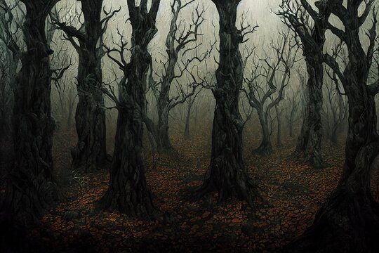 bird's eye view, oil paint style, foggy scenery of haunted trees