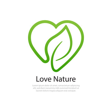 Love nature logo concept. Leaf and heart shape icon design isolated on white background. Vector illustration