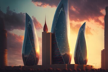 Baku Flame Towers Is The Tallest Skyscraper In Baku, Azerbaijan With A Height Of 190 M. The Buildings Consist Of Apartments, A Hotel And Office Blocks.