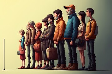 Different People Stand In Queue Characters Row