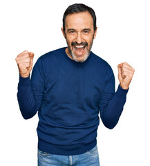 Middle age hispanic man wearing casual clothes celebrating surprised and amazed for success with...