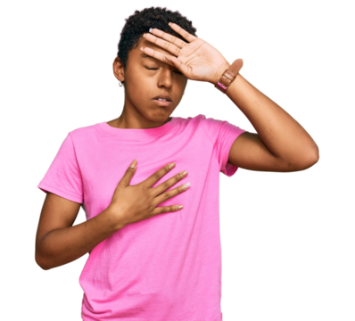 Young african american woman wearing casual clothes touching forehead for illness and fever, flu and cold, virus sick