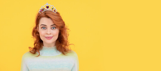 Woman isolated face portrait, banner with copy space. cute beauty. queen express happiness....