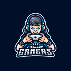 Gamers mascot logo template, Logo of a man using a headset playing a game