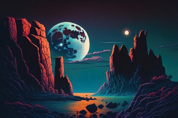 Night Landscape With Neon Moon And Rocky Cliffs