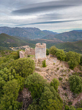 Aerial view of the ruins of Castellu di Seravalle, a military fortress built in the 11th century on a hilltop near the village of Popolasca in Corsica