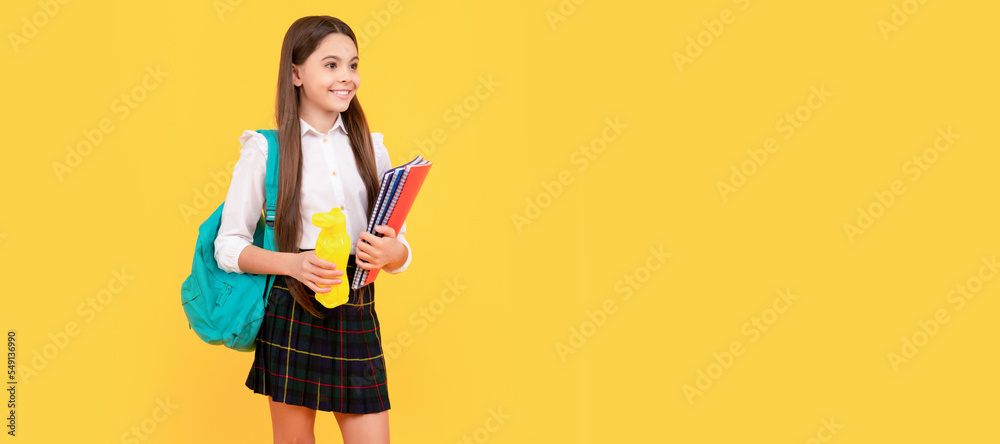 Wall mural cheerful kid going on lunch. teenager student hold planner notebook. banner of school girl student. 