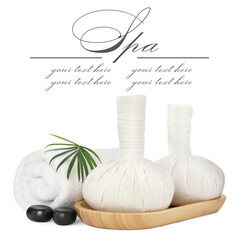 Herbal massage bags, spa stones, towel and green leaf on white background, space for text