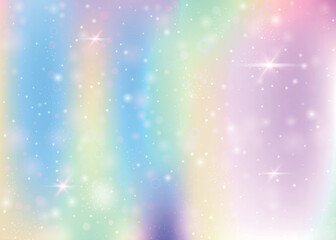 Magic background with rainbow mesh. Girlish universe banner in princess colors. Fantasy gradient backdrop with hologram. Holographic magic background with fairy sparkles, stars and blurs.