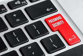 Red button with text PASSWORD SECURITY on keyboard, closeup view
