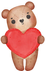 cute Valentine brown teddy bear doll hugs red heart watercolour hand drawing 
