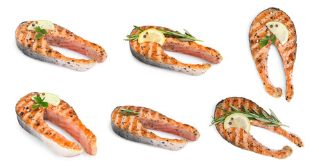 Set with tasty grilled salmon with lemon and rosemary on white background