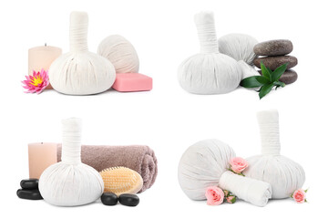 Fototapeta na wymiar Set with herbal massage bags and different spa supplies on white background