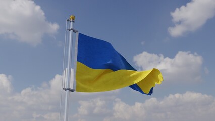 Ukraine flag on a gray pole waving on sunny blue sky. 3D.
