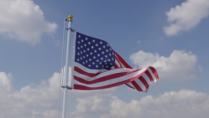 United State flag on a gray pole waving on sunny blue sky. 3D.