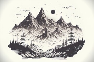 Hand Draw Monochrome Mountains Cartoon Style Sketch Design