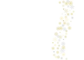 Gold snowflakes frame on white background. New year theme. Horizontal shiny Christmas frame for holiday banner, card, sale, special offer. Falling snow with gold snowflake and glitter for party invite