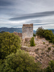 Aerial view of the ruins of Castellu di Seravalle, a military fortress built in the 11th century on a hilltop near the village of Popolasca in Corsica