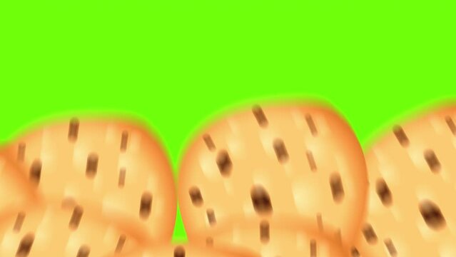 Cookies with chocolate chip filling animation on a green screen. Video transition with sweets. Stock video cookies in 4k with alpha channel.
