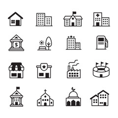 Set of building icons with black glyph style isolated on white background