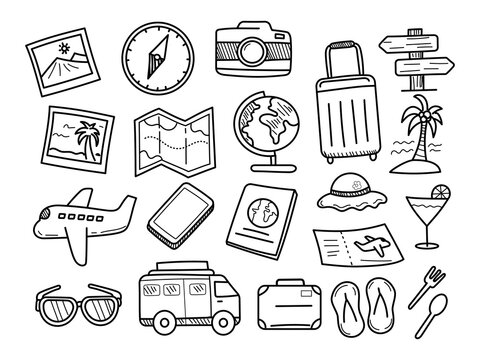 Set of trip and travel doodles with cute hand-drawn style isolated on white background