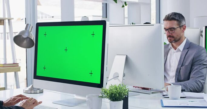 Business, startup team and green screen computer, mockup and digital marketing job. Corporate woman, pc and mock up on screen, tracking markers and typing with focus, strategy and planning with group