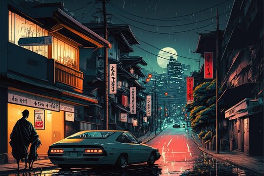 Japan City At Night With Car On Street