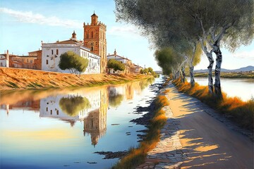 Guadiana River In The City Of Merida Extremadura Spain - obrazy, fototapety, plakaty