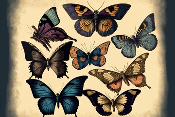 Mixed Flying Butterflies Vintage Illustration