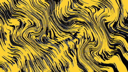 Yellow topographic painting backgrounds and textures with abstract art creations, random black waves ink line background. retro psychedelic style and Groovy hippie 70s background