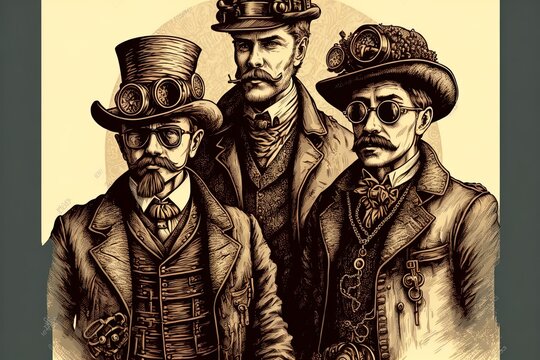 Men In Steampunk Costume Hand Draw Vintage Engraving Style