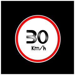 Maximum allowed speed sign 30 kilometers per hour. Banner with black background and red and white circle.