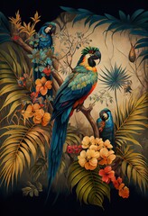 wallpaper branches palm tree plants, a painting of a parrot, illustration with bird plant