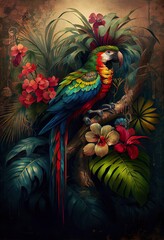 wallpaper branches palm tree plants, background pattern, illustration with bird flower