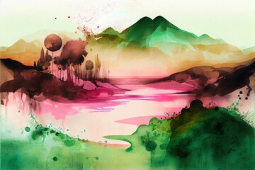 surreal watercolor abstract landscape in, background pattern, illustration with ecoregion art
